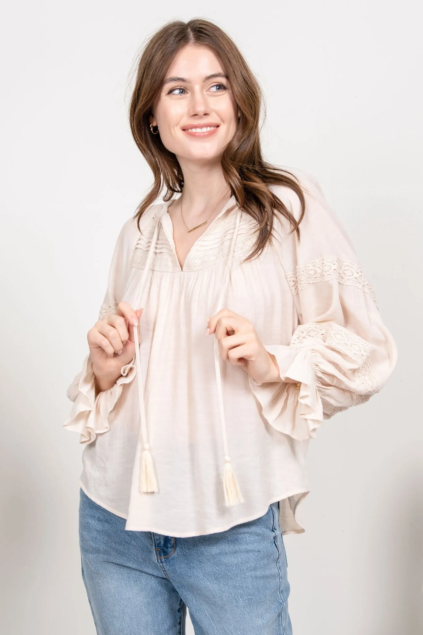 Blu pepper Cream Solid Lace Peasant Top