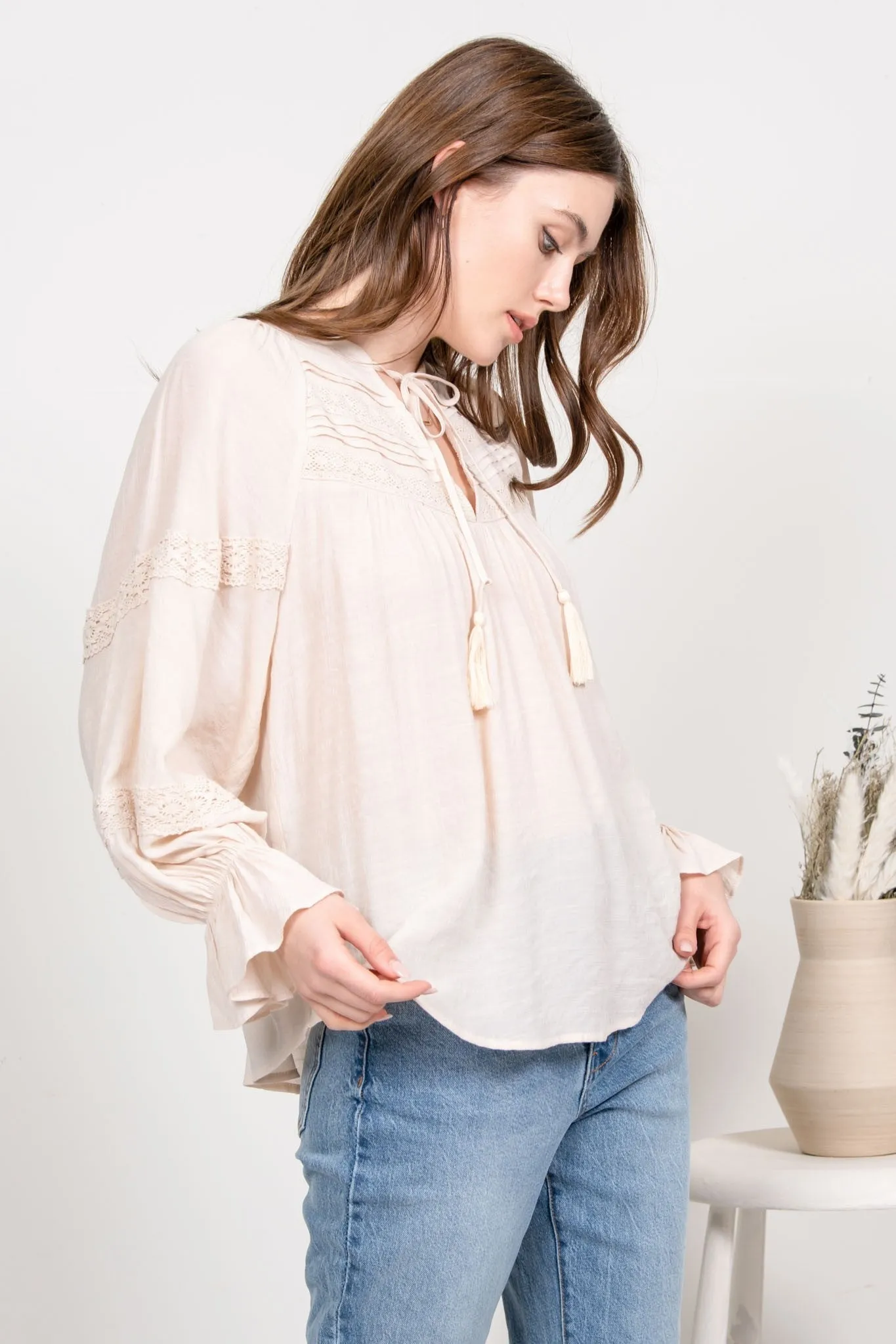 Blu pepper Cream Solid Lace Peasant Top