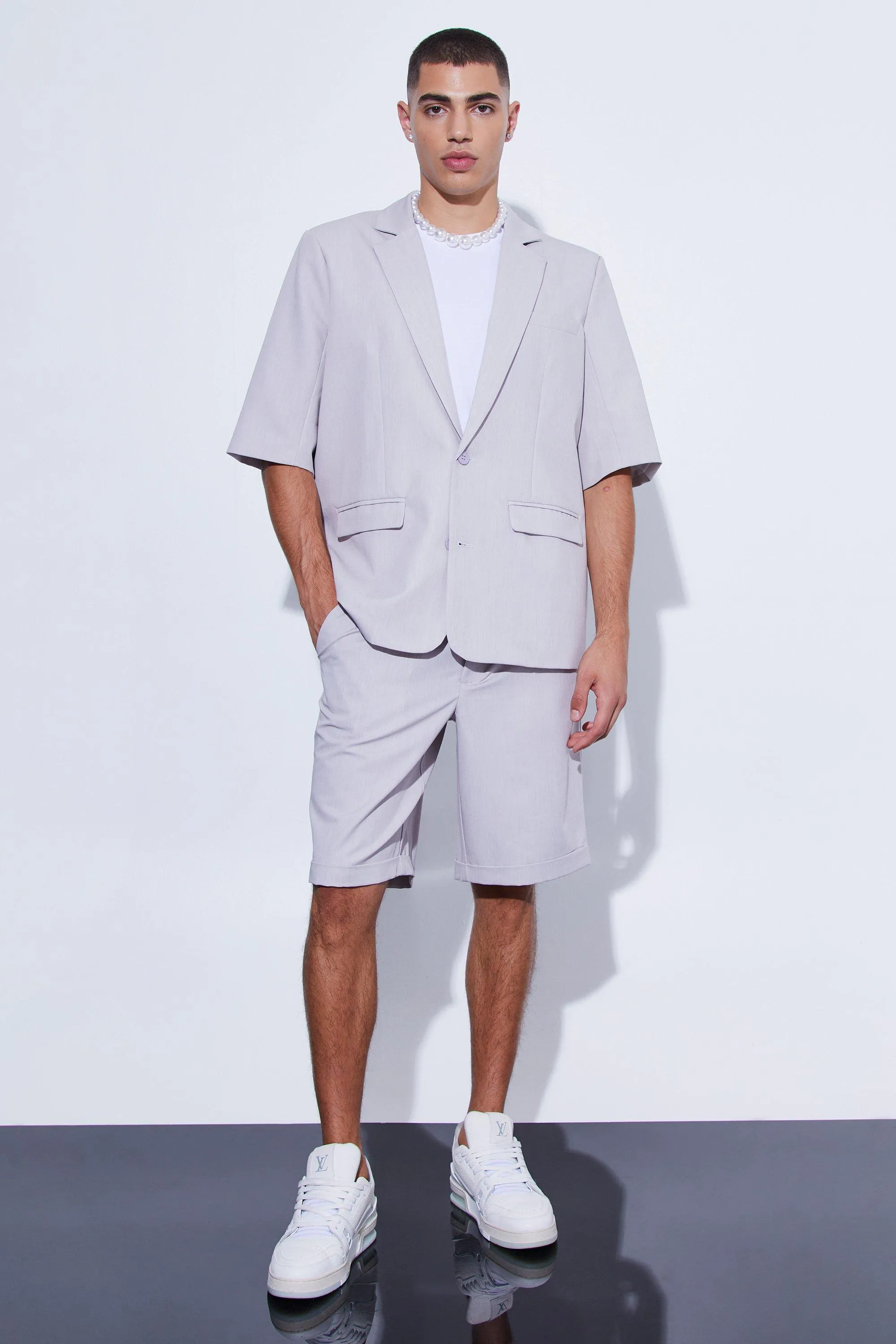 Boohoo Oversized Short Sleeve Single Breasted Suit Jacket, Gray