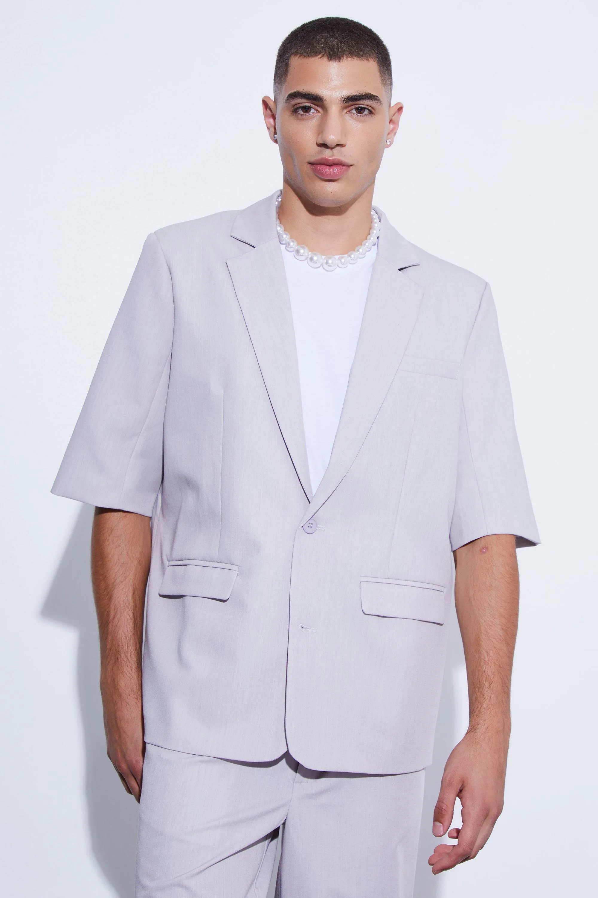 Boohoo Oversized Short Sleeve Single Breasted Suit Jacket, Gray