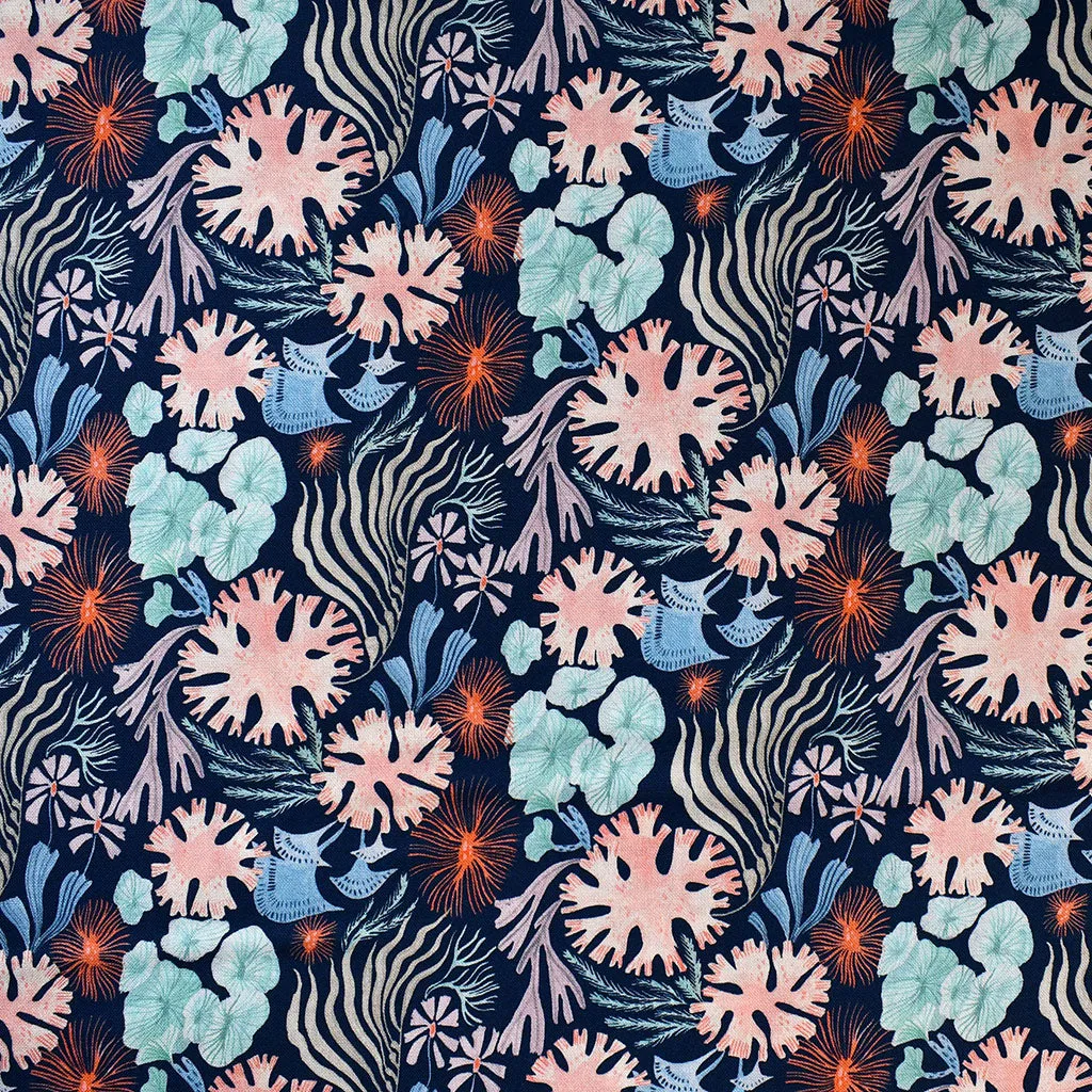 Coral Reef Sea Floral Digital Print Cotton Navy