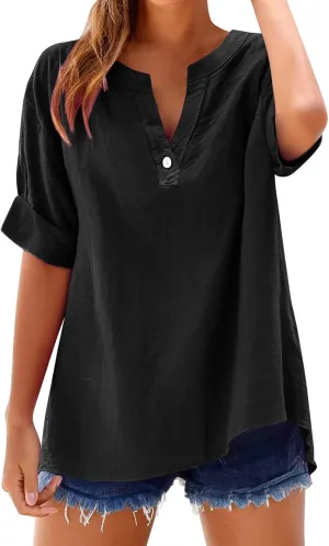 Linen Shirts for Women Summer Work Tops Trendy Plus Size Button Down V Neck Boho Clothes Summer Tops for Women 2025