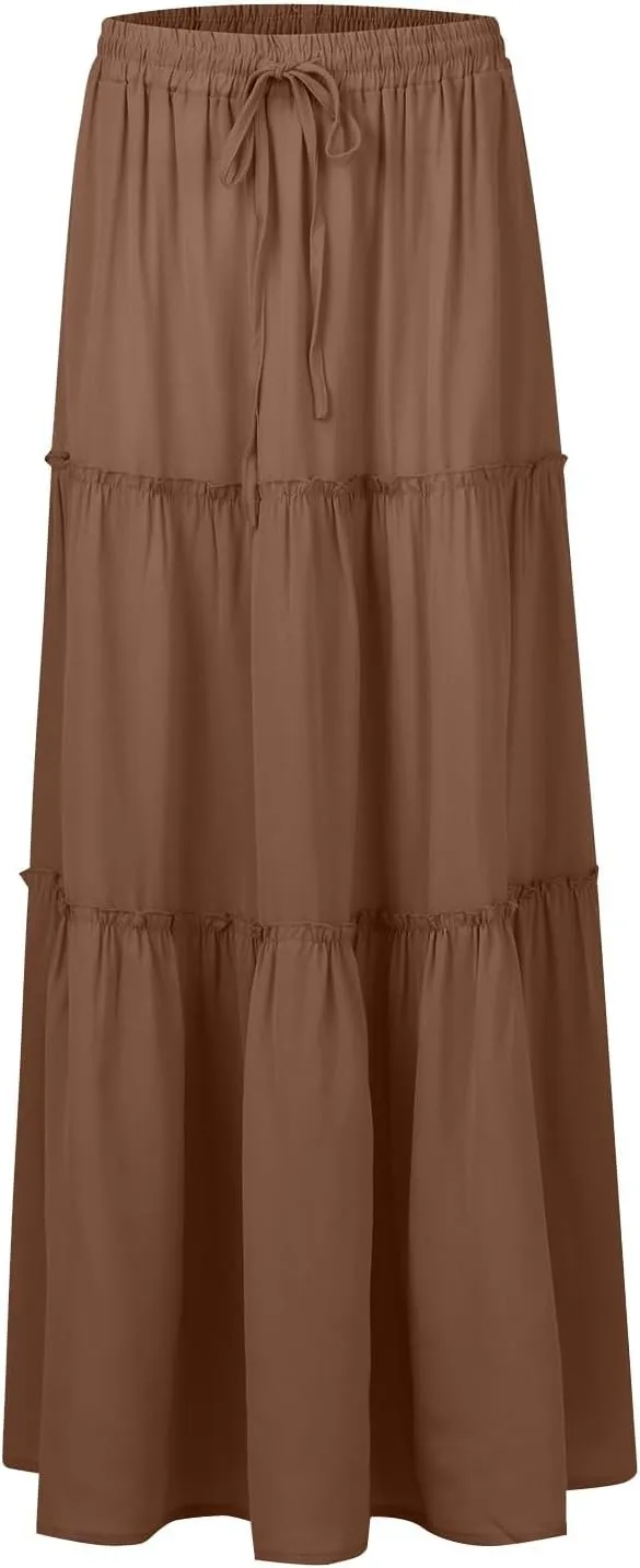 Long Skirts for Women Trendy Womens Boho Maxi Skirt Elastic High Waist Pleated Ruffle Flowy Long Skirts White Skirt S-XL