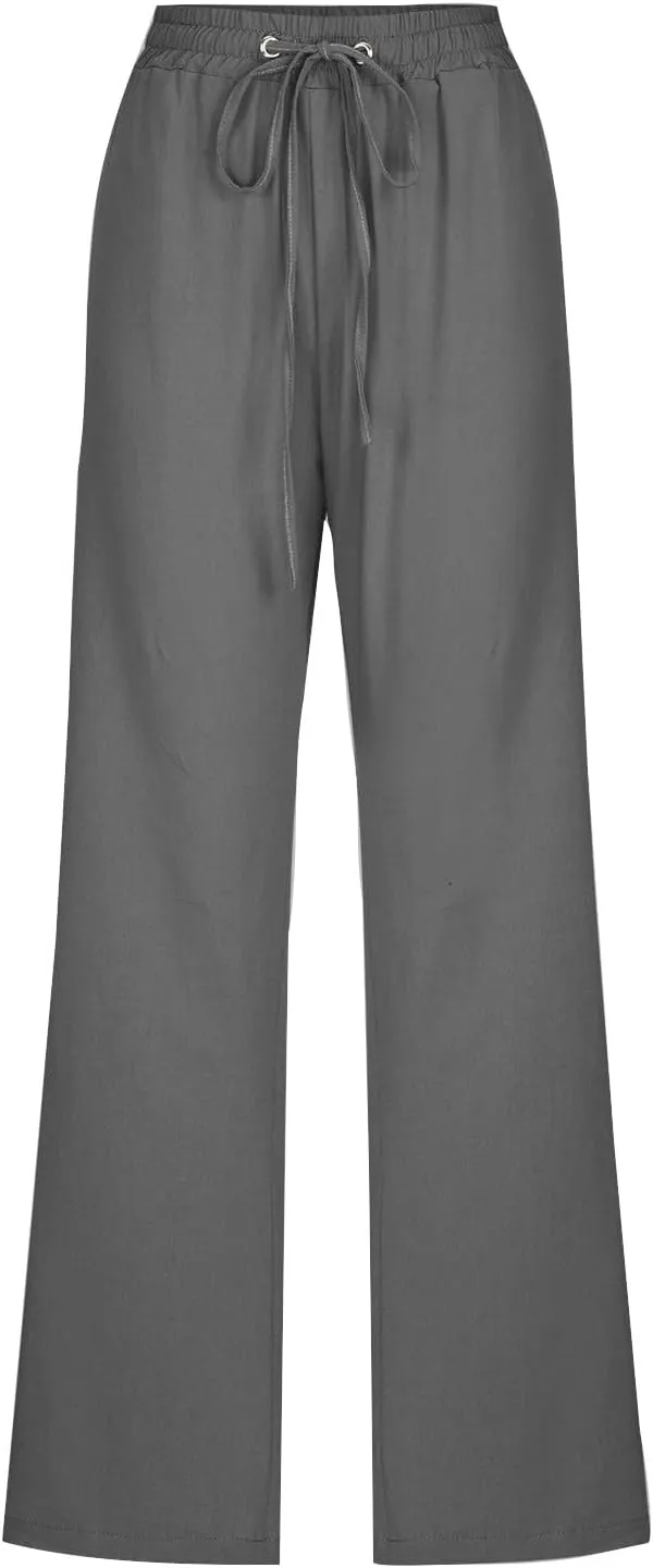 LRMQS Womens Casual Linen Pants 2024 Spring Drawstring Elastic Waist Trousers with Pockets Lounge Fashion Vacation Clothing