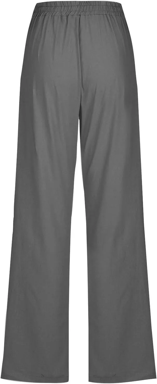 LRMQS Womens Casual Linen Pants 2024 Spring Drawstring Elastic Waist Trousers with Pockets Lounge Fashion Vacation Clothing