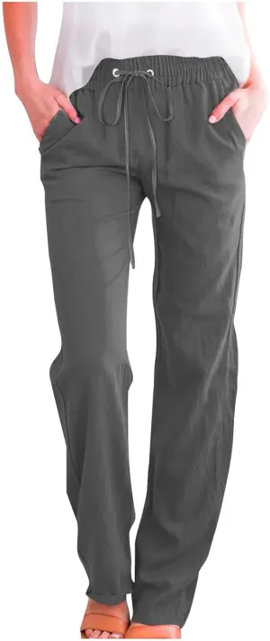 LRMQS Womens Casual Linen Pants 2024 Spring Drawstring Elastic Waist Trousers with Pockets Lounge Fashion Vacation Clothing