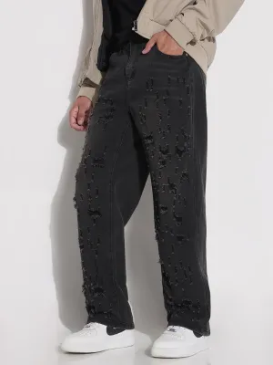 Men Black Distressed Relaxed Fit Jeans