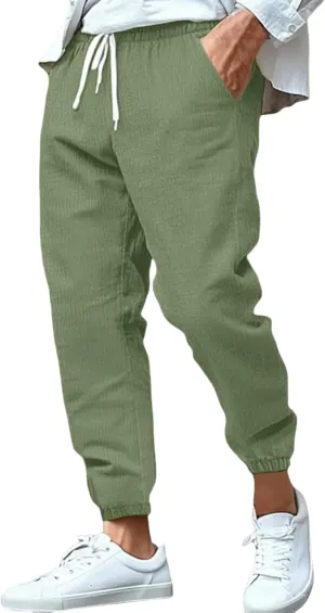 Men's Cotton Linen Tapered Pants Mid Waist Drawstring Pants Solid Color Breathable Comfy Trousers Lounge Thin Trouser