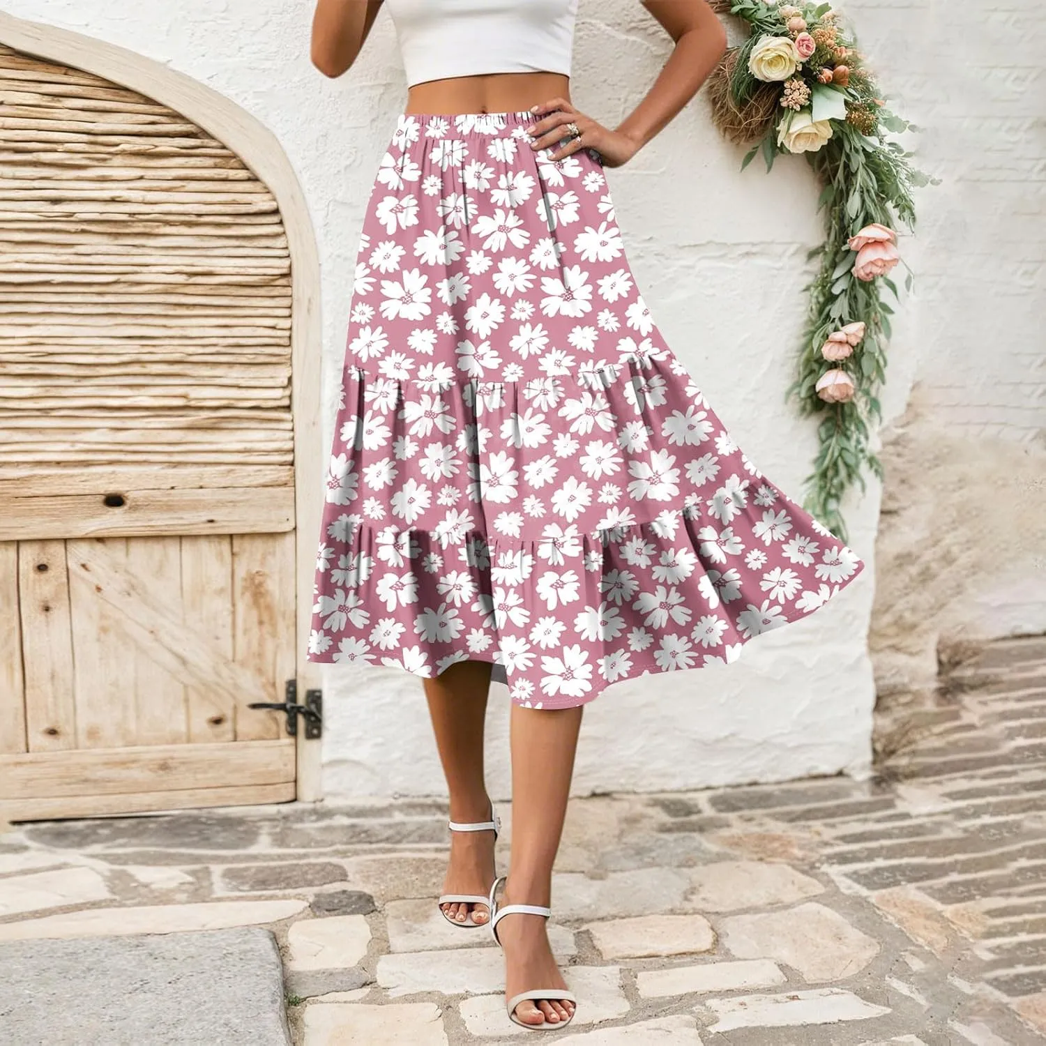 midi Tiered Skirts for Women Summer Boho Floral high Elastic Waist a line Skirts Long Ruffle Flowy Vacation Skort
