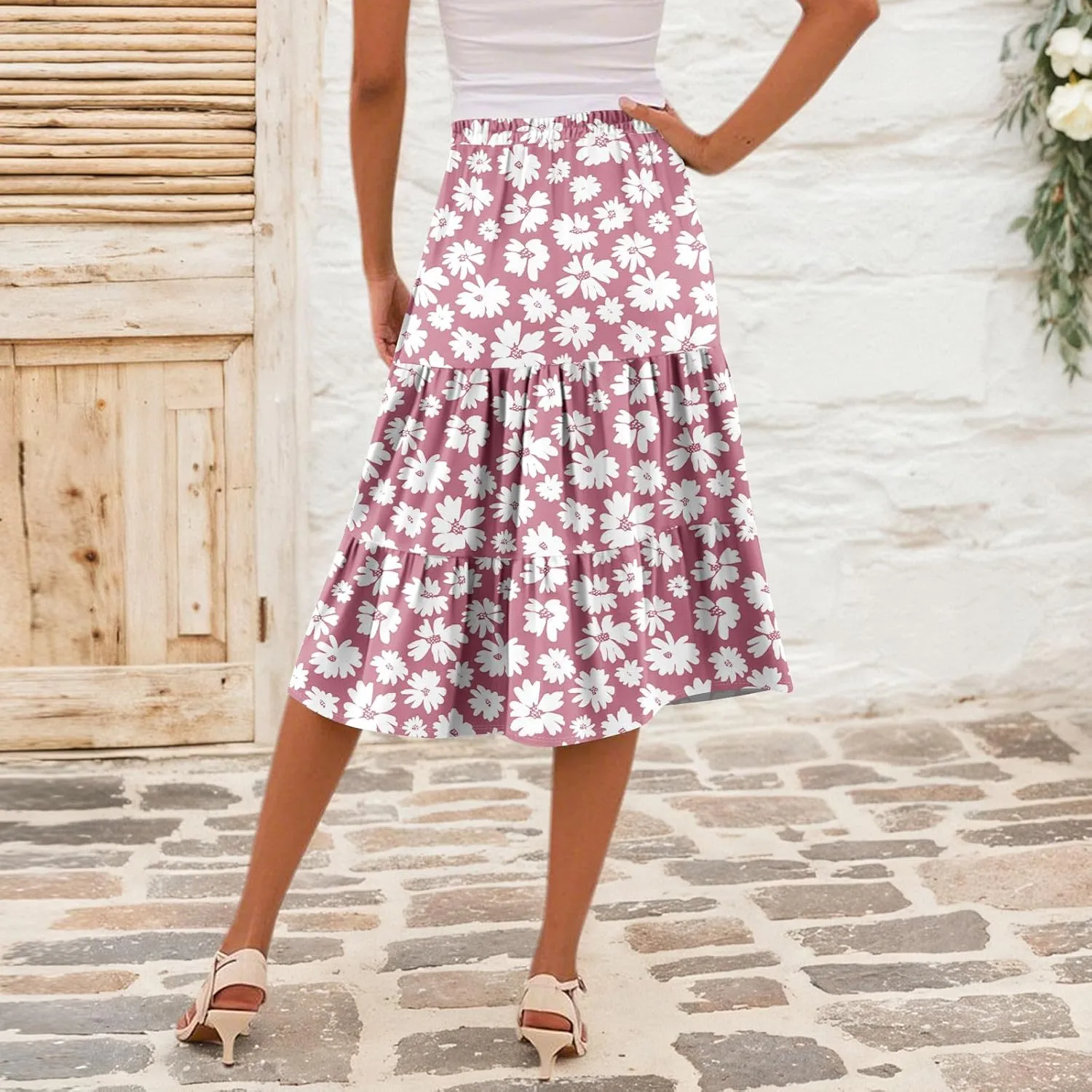 midi Tiered Skirts for Women Summer Boho Floral high Elastic Waist a line Skirts Long Ruffle Flowy Vacation Skort