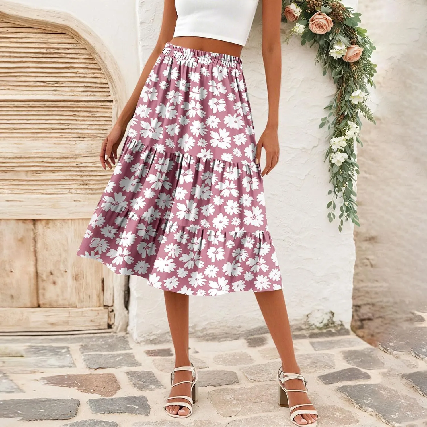 midi Tiered Skirts for Women Summer Boho Floral high Elastic Waist a line Skirts Long Ruffle Flowy Vacation Skort