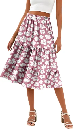 midi Tiered Skirts for Women Summer Boho Floral high Elastic Waist a line Skirts Long Ruffle Flowy Vacation Skort