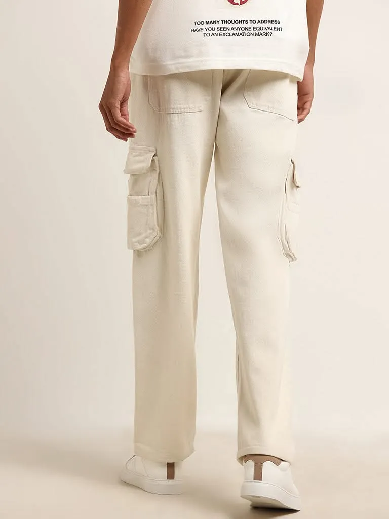 Nuon Off-White Cargo-Style Mid Rise Relaxed Fit Jeans