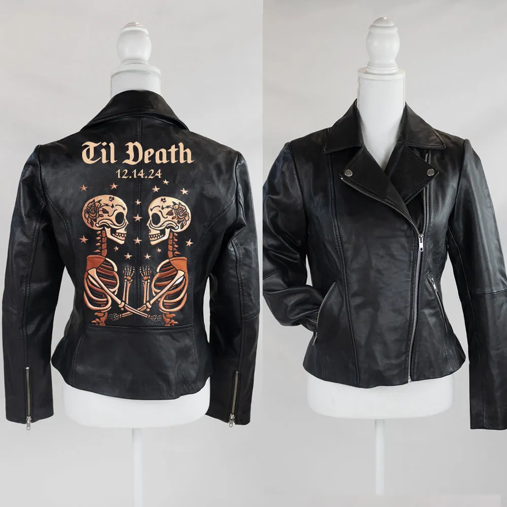 (Real Leather) Skeleton Couple Embroidery Leather Jacket