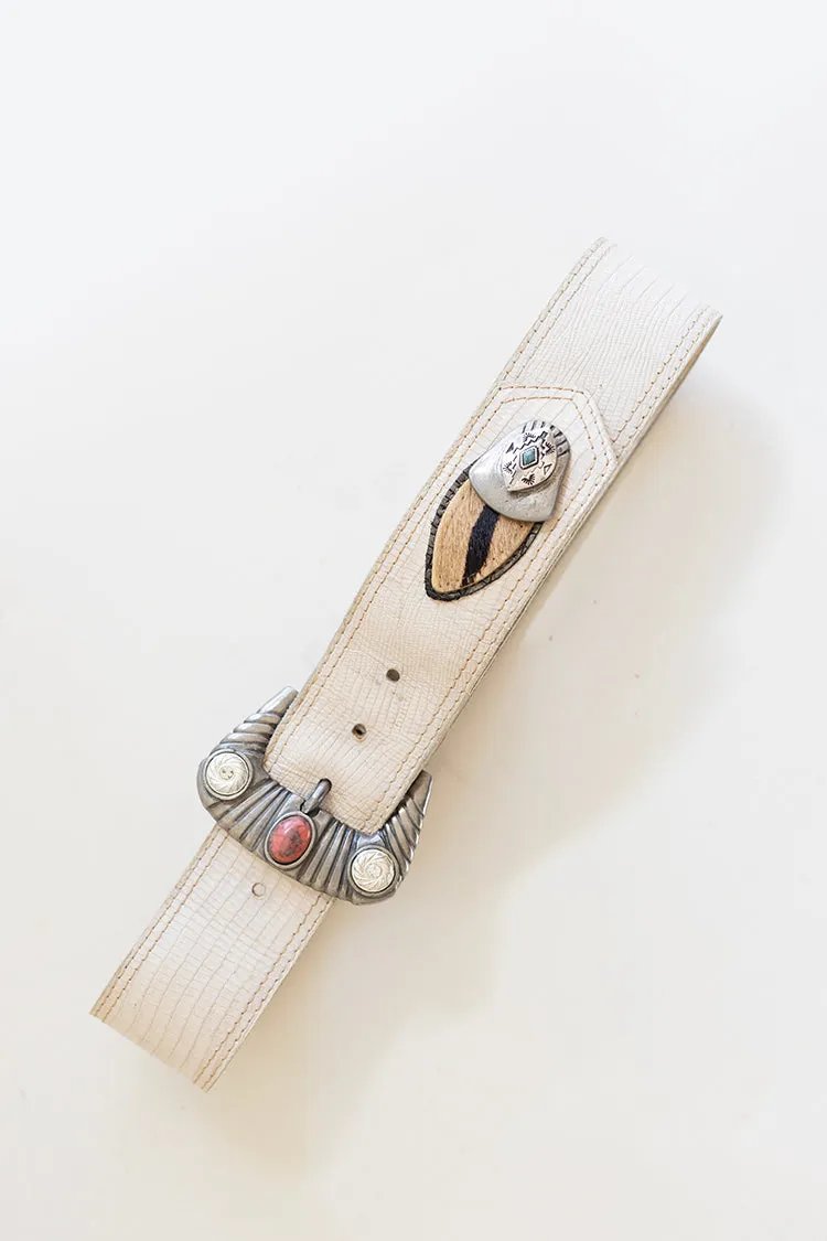 Vintage Mixed Leather   Animal Print Belt with Studded Buckle