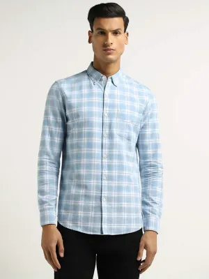 WES Casuals Light Blue Checked Cotton Slim Fit Shirt