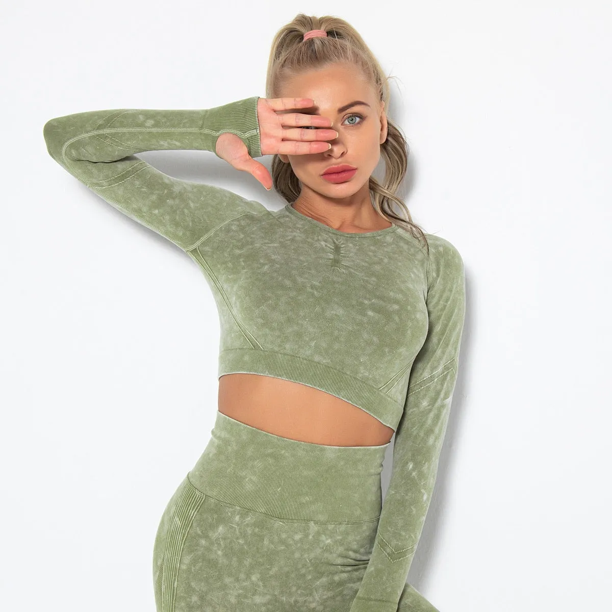 Women Seamless High Waist Yoga Set Long Sleeve Crop Top High Waist Leggings