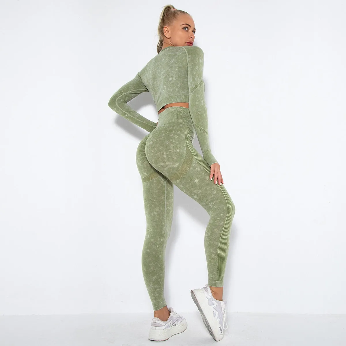 Women Seamless High Waist Yoga Set Long Sleeve Crop Top High Waist Leggings