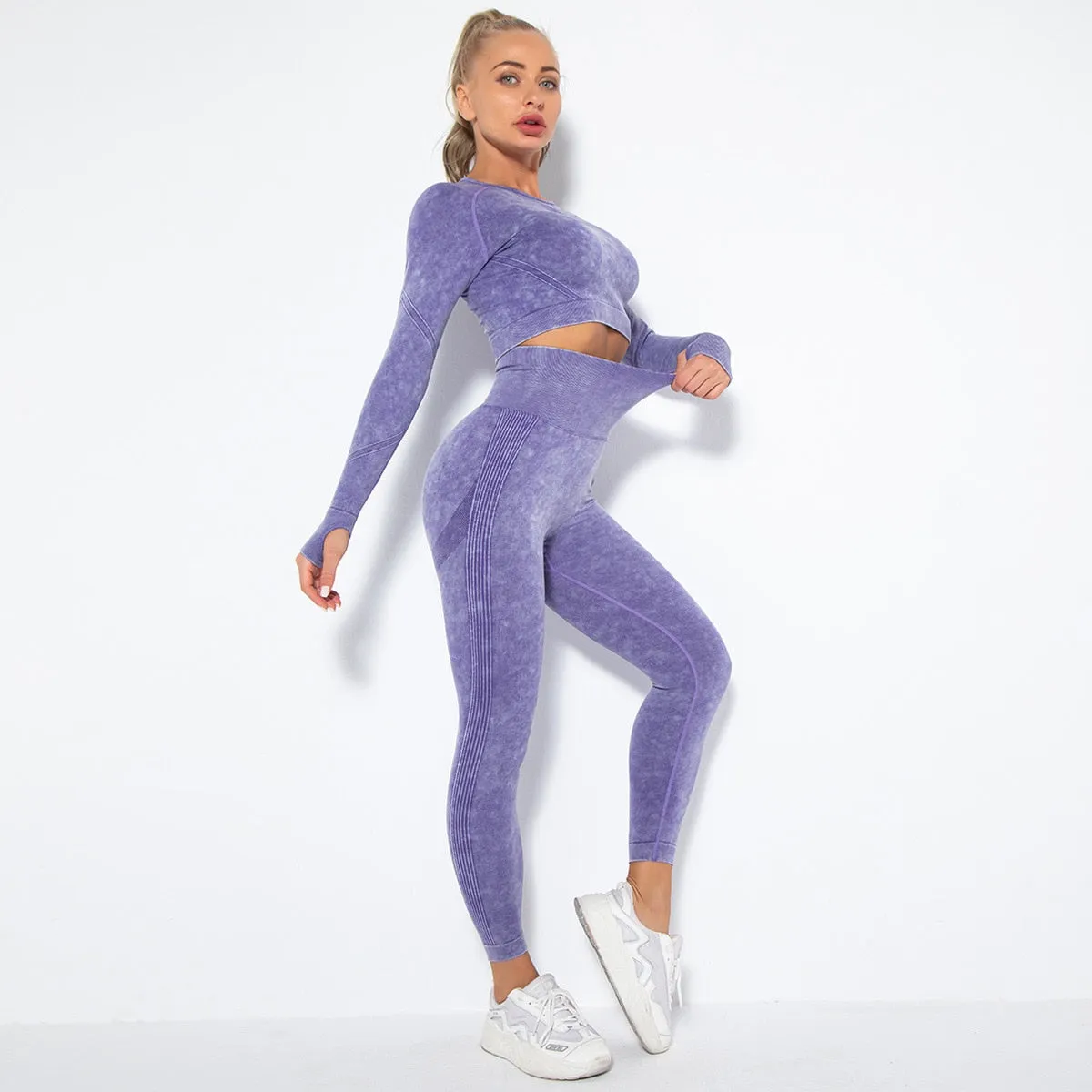 Women Seamless High Waist Yoga Set Long Sleeve Crop Top High Waist Leggings