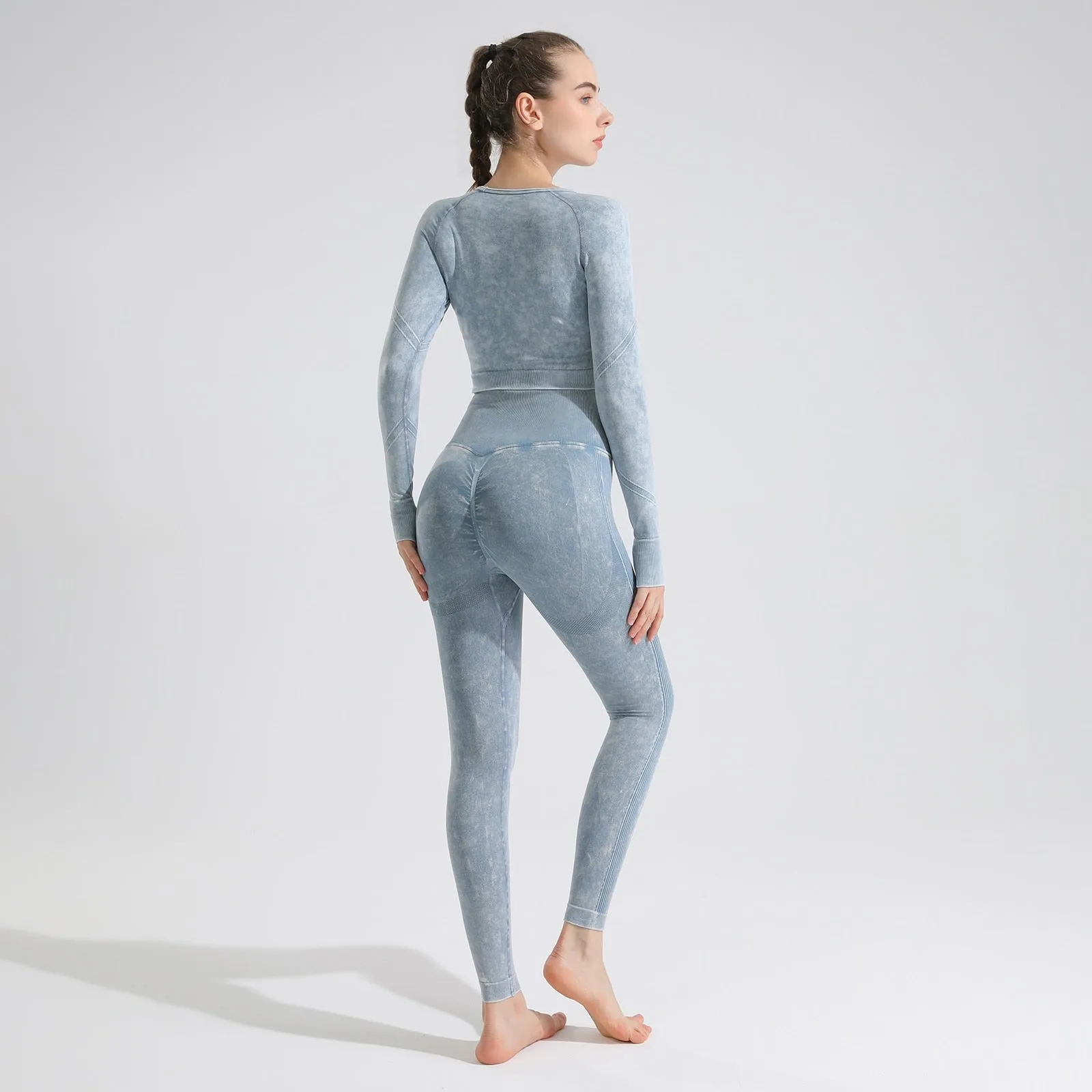 Women Seamless High Waist Yoga Set Long Sleeve Crop Top High Waist Leggings