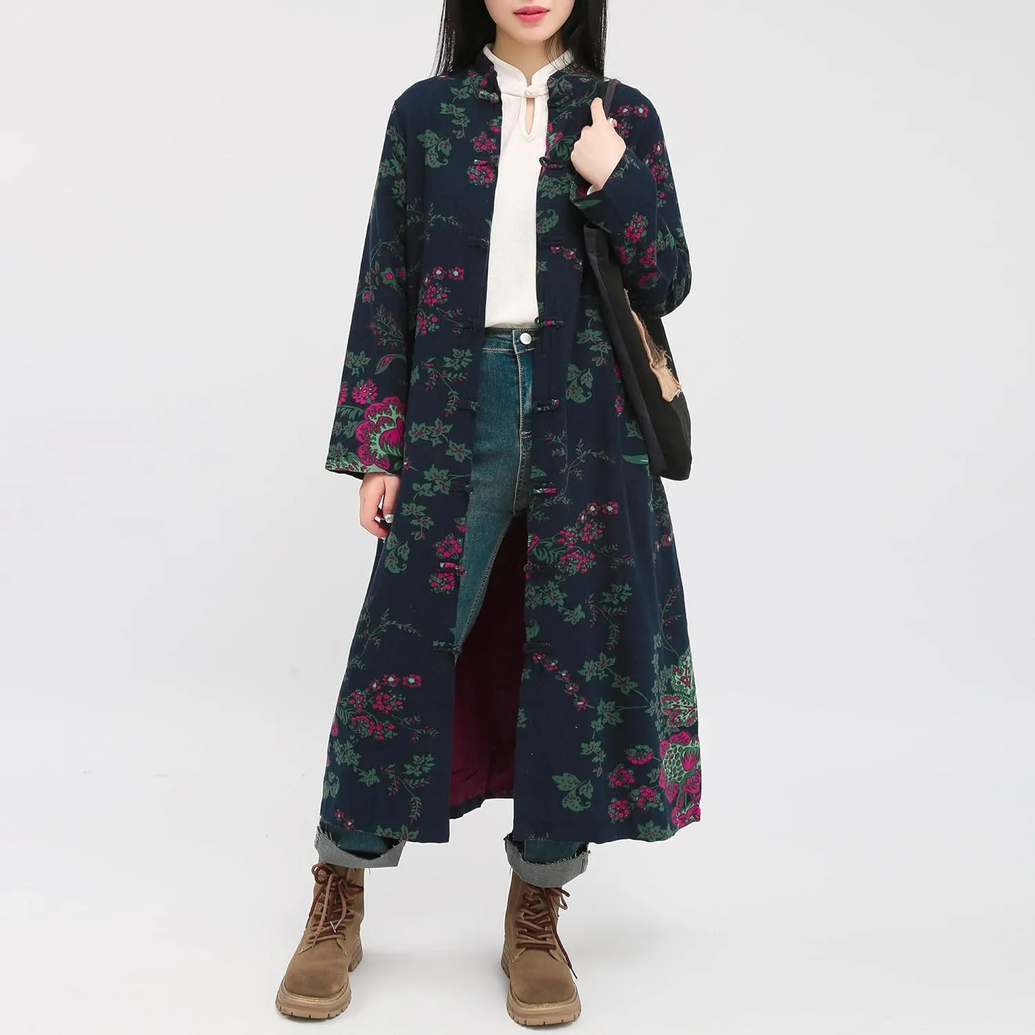 Women's Floral Print Long Trench Coat Casual Cotton Linen Jacket with Pockets Boho retro Outerwear Plus Size