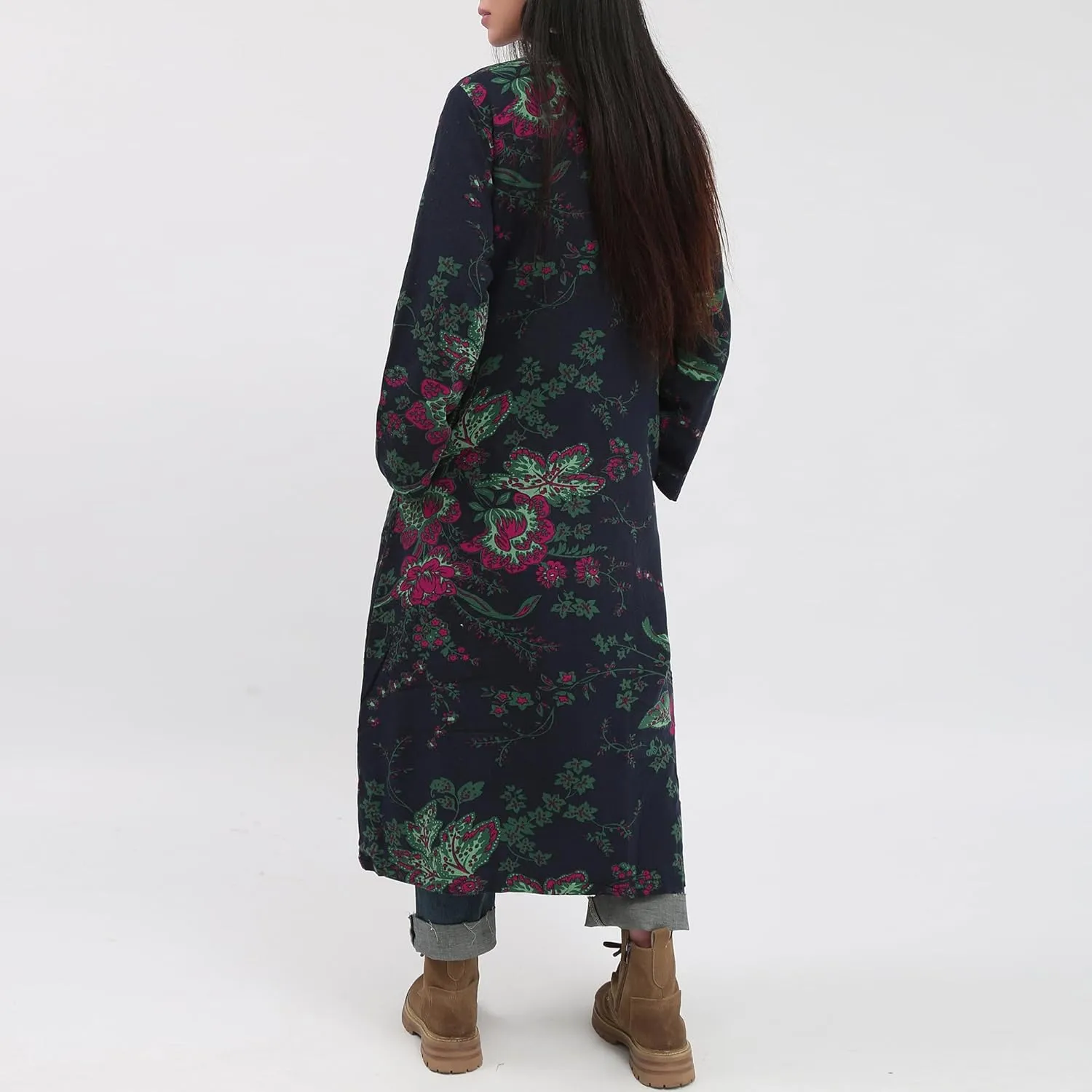 Women's Floral Print Long Trench Coat Casual Cotton Linen Jacket with Pockets Boho retro Outerwear Plus Size