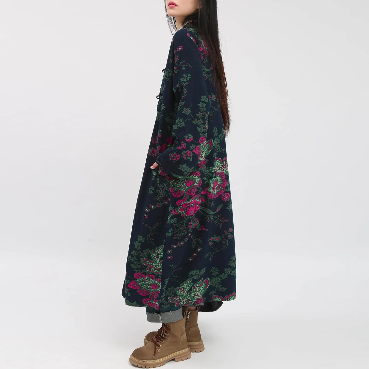 Women's Floral Print Long Trench Coat Casual Cotton Linen Jacket with Pockets Boho retro Outerwear Plus Size