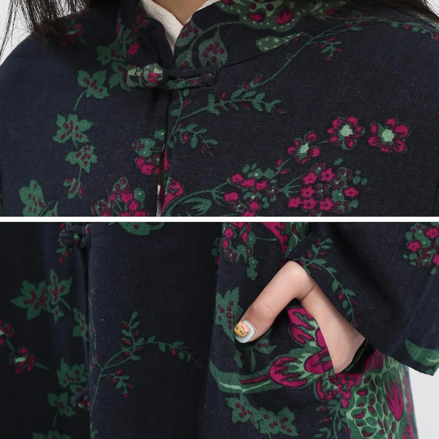Women's Floral Print Long Trench Coat Casual Cotton Linen Jacket with Pockets Boho retro Outerwear Plus Size