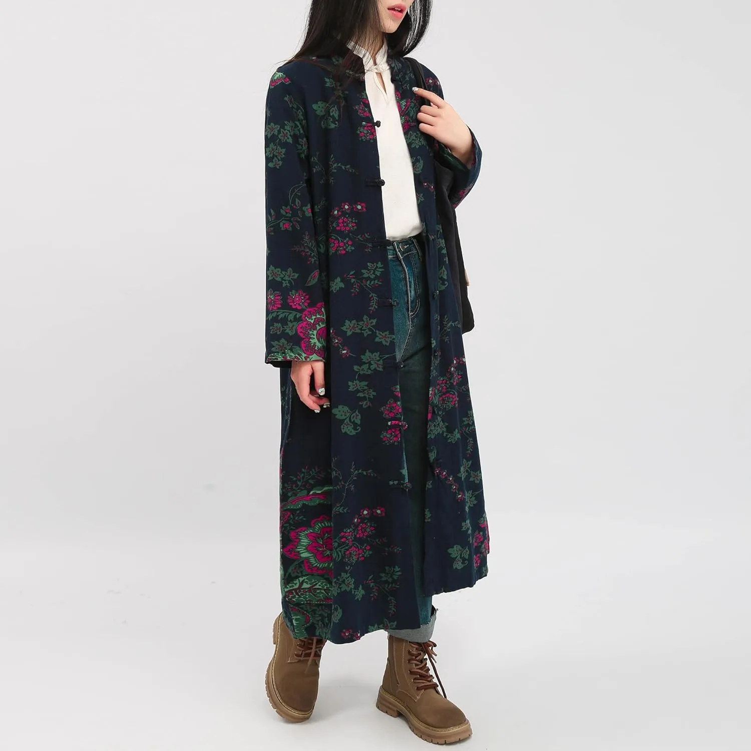 Women's Floral Print Long Trench Coat Casual Cotton Linen Jacket with Pockets Boho retro Outerwear Plus Size