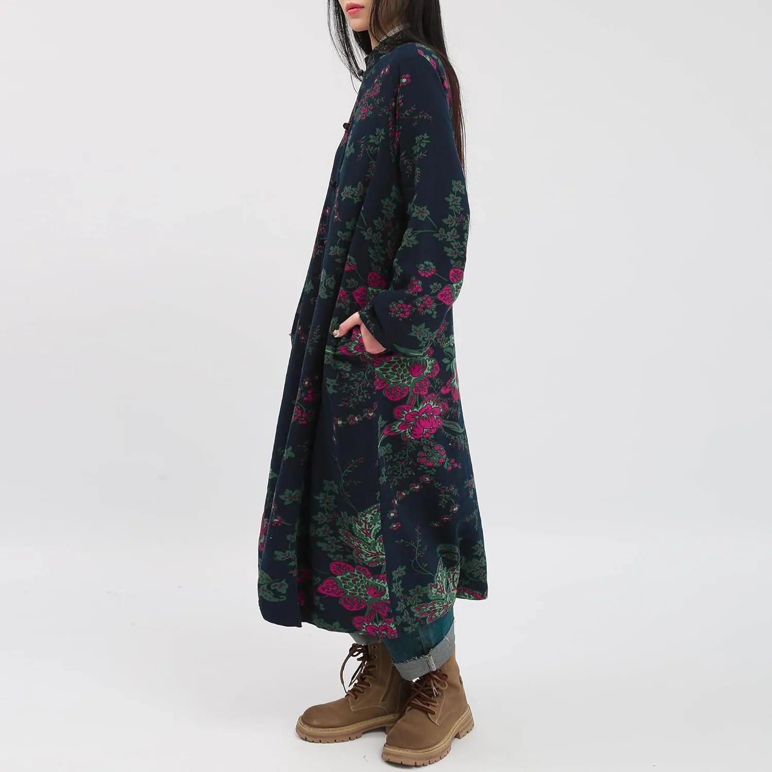 Women's Floral Print Long Trench Coat Casual Cotton Linen Jacket with Pockets Boho retro Outerwear Plus Size