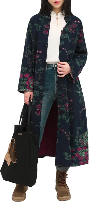 Women's Floral Print Long Trench Coat Casual Cotton Linen Jacket with Pockets Boho retro Outerwear Plus Size