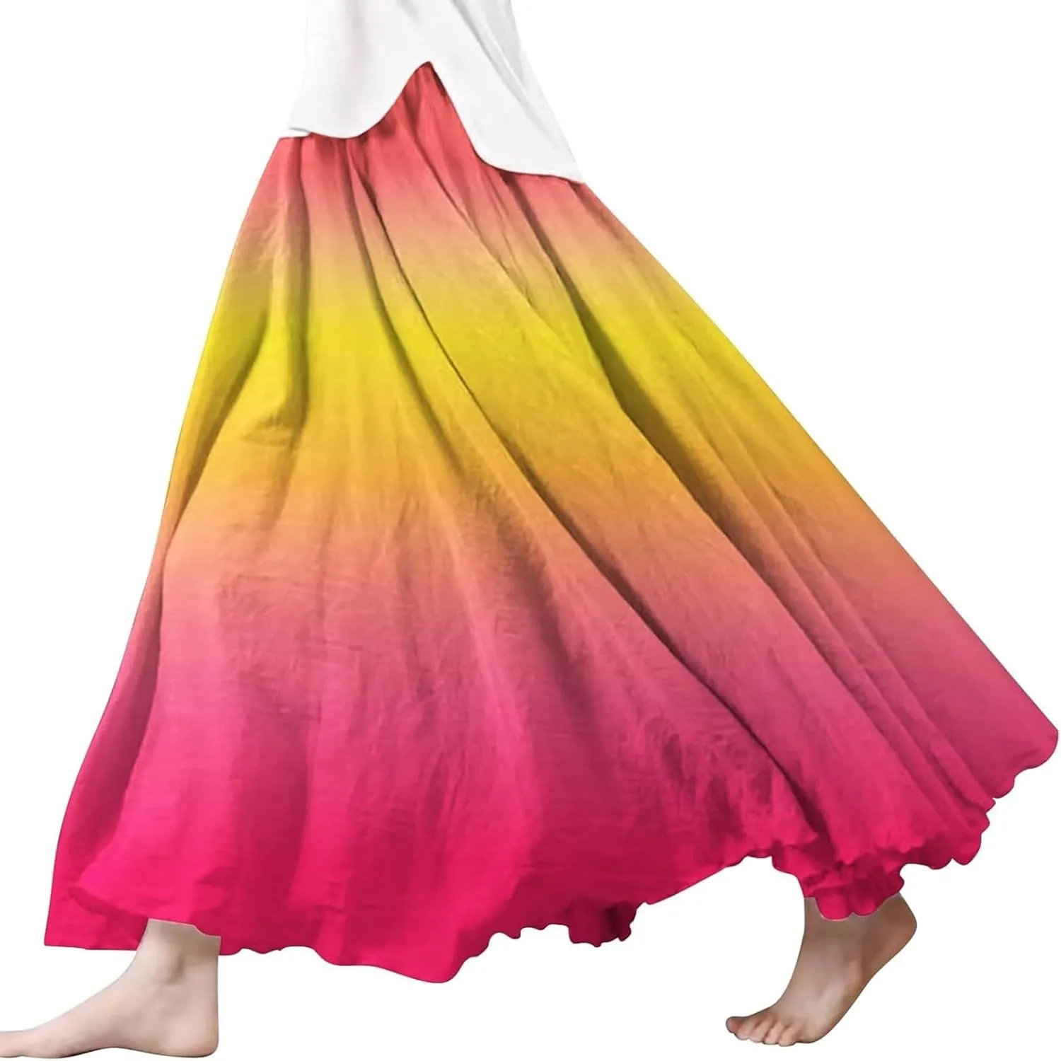 Womens Linen Maxi Skirts Summer Boho Beach Dresses Solid Elastic High Waist Pleated Skirts A-Line Flowy Swing Skirt