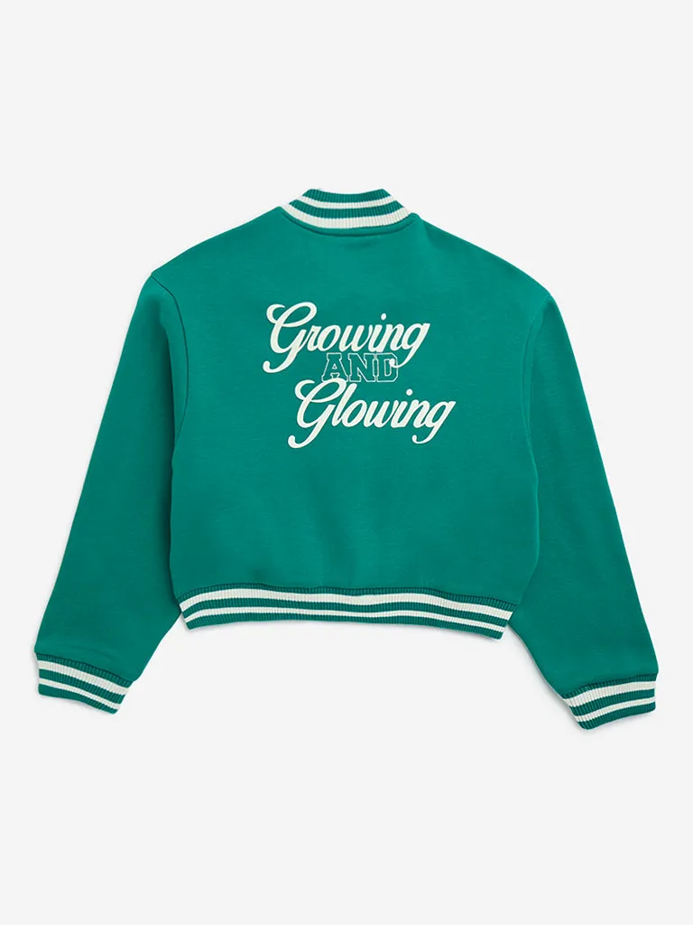 Y&F Kids Green Text Design Cotton-Blend Varsity Jacket