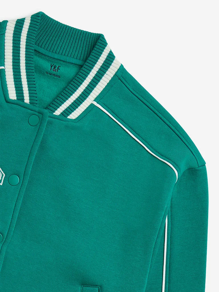 Y&F Kids Green Text Design Cotton-Blend Varsity Jacket